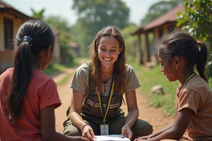 Jeune femme bénévole partageant un carnet avec des enfants ruraux