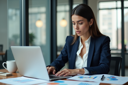 Jeune femme professionnelle analysant des graphiques numériques au bureau