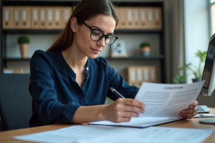 Jeune femme en bureau examinant des documents officiels