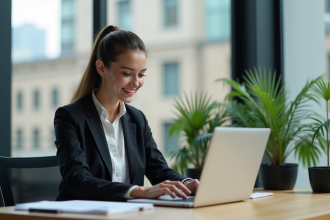 Jeune femme professionnelle souriante au bureau avec ordinateur