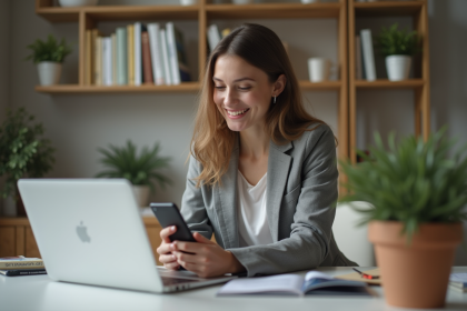 Jeune femme concentrée dans son bureau moderne et épuré