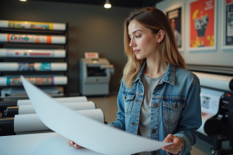 Jeune femme examinant un poster dans une imprimerie moderne