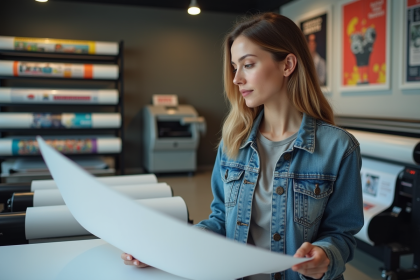 Jeune femme examinant un poster dans une imprimerie moderne