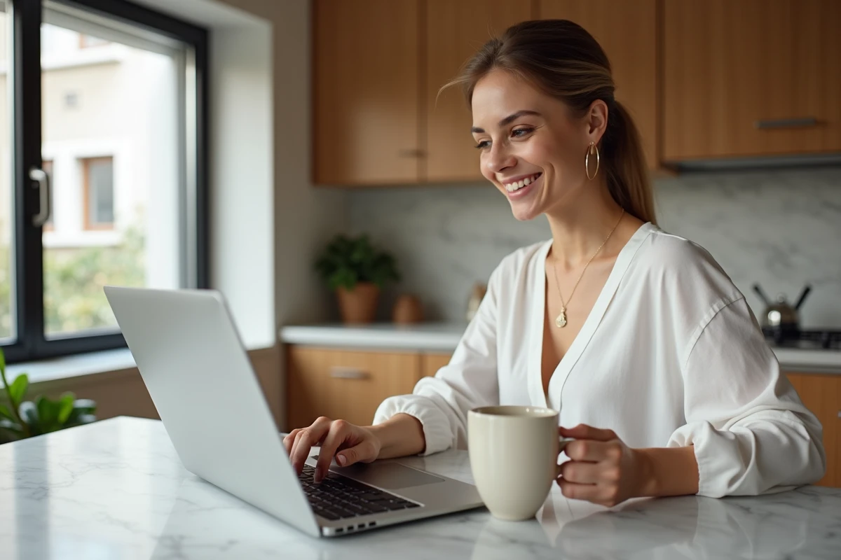 Jeune femme consultant son compte MyPeopleDoc en sécurité depuis sa cuisine à domicile