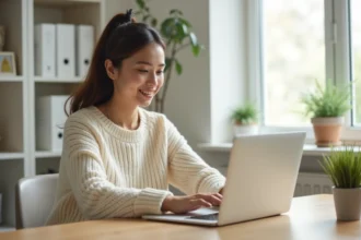 Jeune femme travaillant sur son ordinateur portable depuis son bureau à domicile pour son premier emploi en télétravail