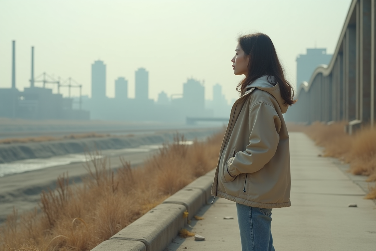 Jeune femme regardant l horizon en milieu urbain