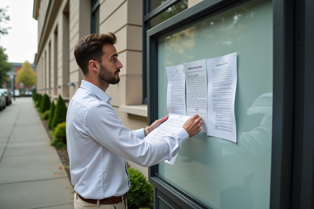 Jeune homme retirant un avis officiel devant un bâtiment public