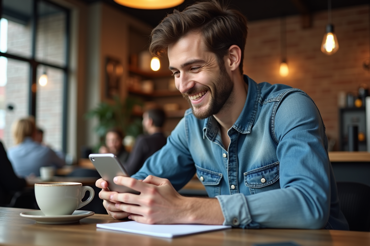 Jeune homme souriant vérifiant ses analyses marketing au café
