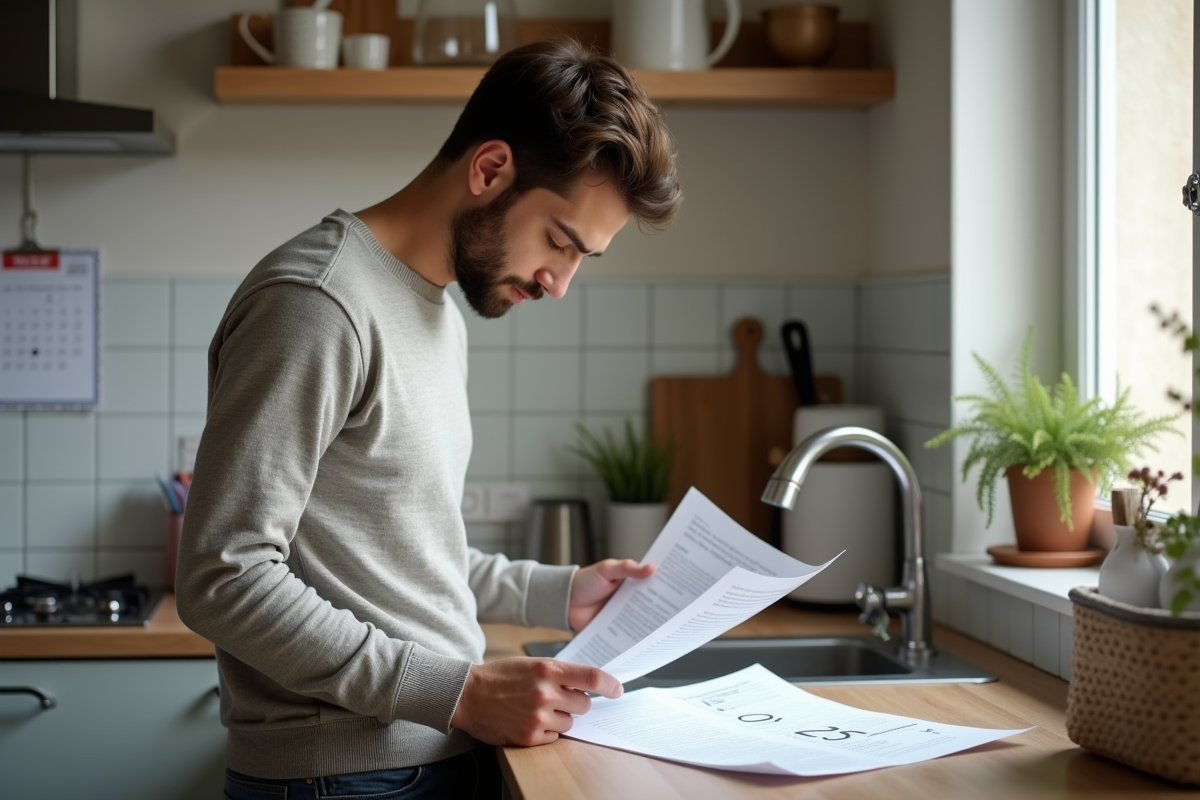 Jeune homme lisant un avis legal dans sa cuisine
