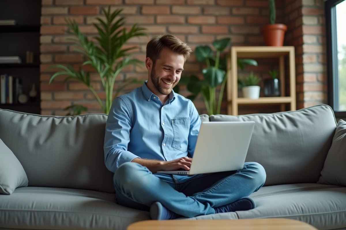 Jeune homme consultant des offres d'emploi en télétravail sur son canapé dans un appartement moderne
