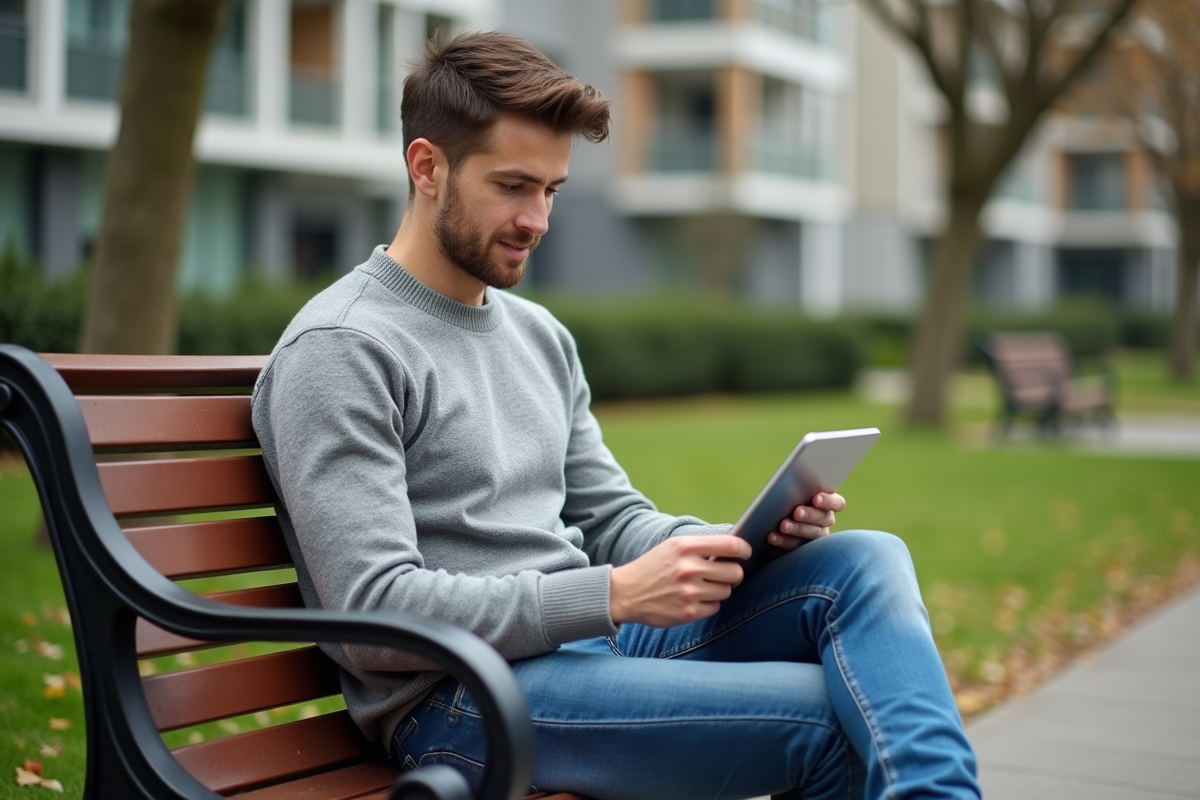 Jeune homme assis dans un parc utilisant une tablette avec site gouvernemental