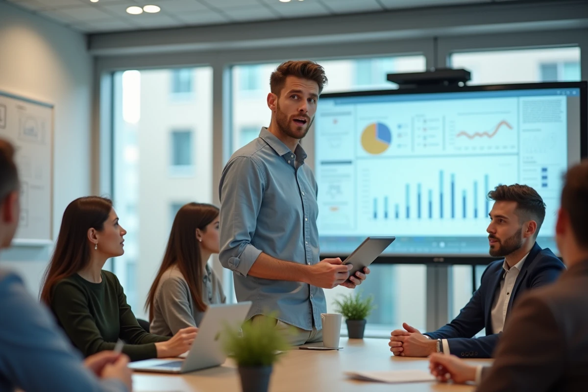 Jeune homme collaborant avec collègues en réunion