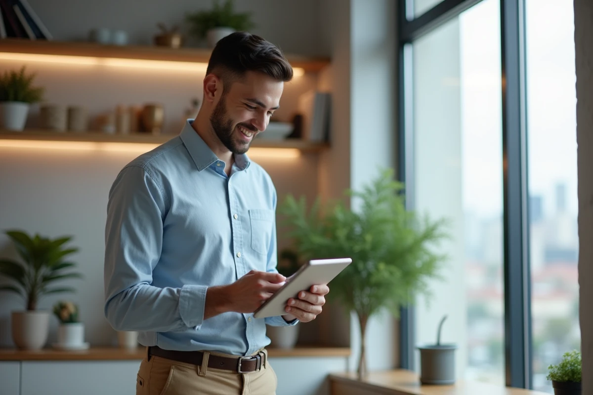 Jeune homme en home office utilisant une tablette pour se connecter