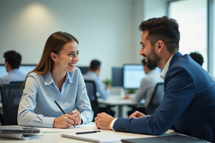 Jeune stagiaire en bureau moderne avec mentor souriant