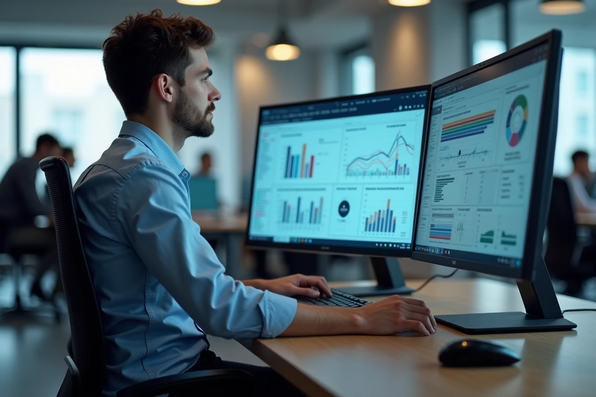 Jeune consultant IT travaillant sur un ERP dans un bureau