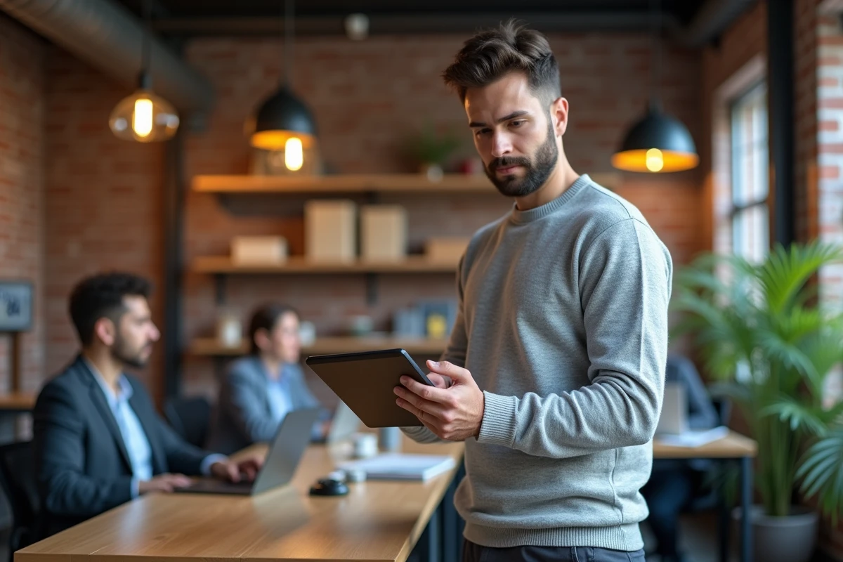 Jeune professionnel consultant les frais et avantages d'ESALIA sur une tablette en espace de coworking