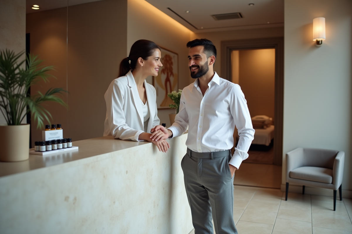 Jeune homme spa discutant avec un client à la reception