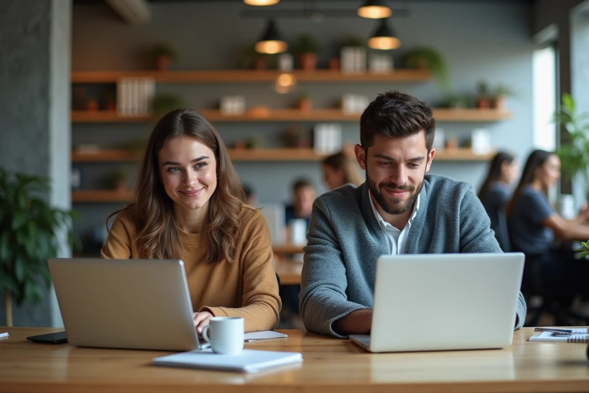 Deux jeunes professionnels travaillant en télétravail dans un espace de coworking moderne avec leurs ordinateurs portables