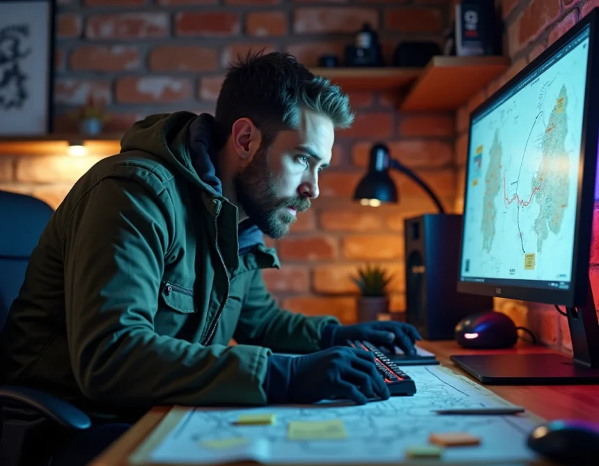 Joueur analysant une carte de route optimale pour Arc Raiders avec des annotations et du fil rouge sur un tableau de liège