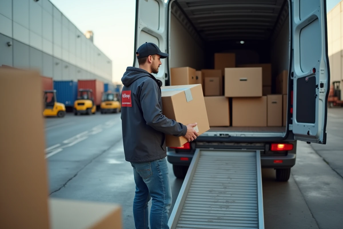 Livreur jeune déchargeant des colis dans un centre logistique urbain