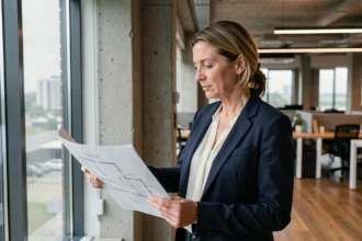 Femme professionnelle examinant les plans d'un bureau à louer à Beauvais dans un espace de travail moderne en open space