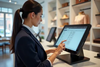 Employée de commerce utilisant un logiciel de caisse certifié NF525 sur une borne tactile en boutique