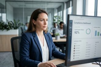 Femme professionnelle analysant un logiciel de gestion de formation sur un écran dans un bureau moderne pour la certification Qualiopi
