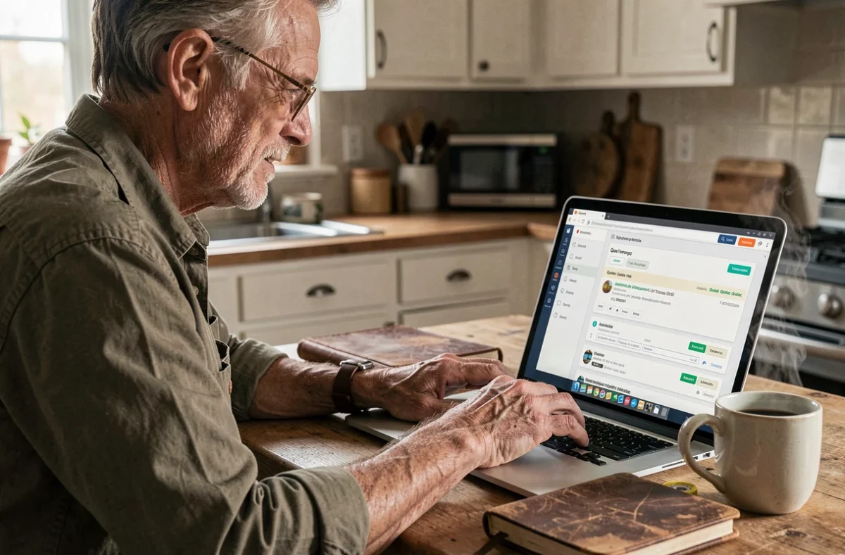 Maçon expérimenté consultant une plateforme de mise en relation artisans clients sur son ordinateur portable à domicile