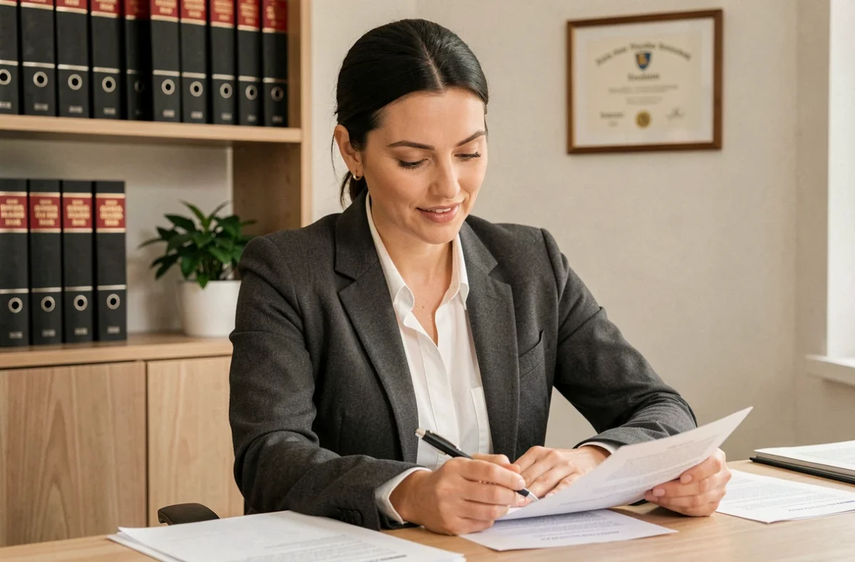 Maître Coralie Malagutti, avocate au barreau de Melun, en tenue professionnelle dans son bureau