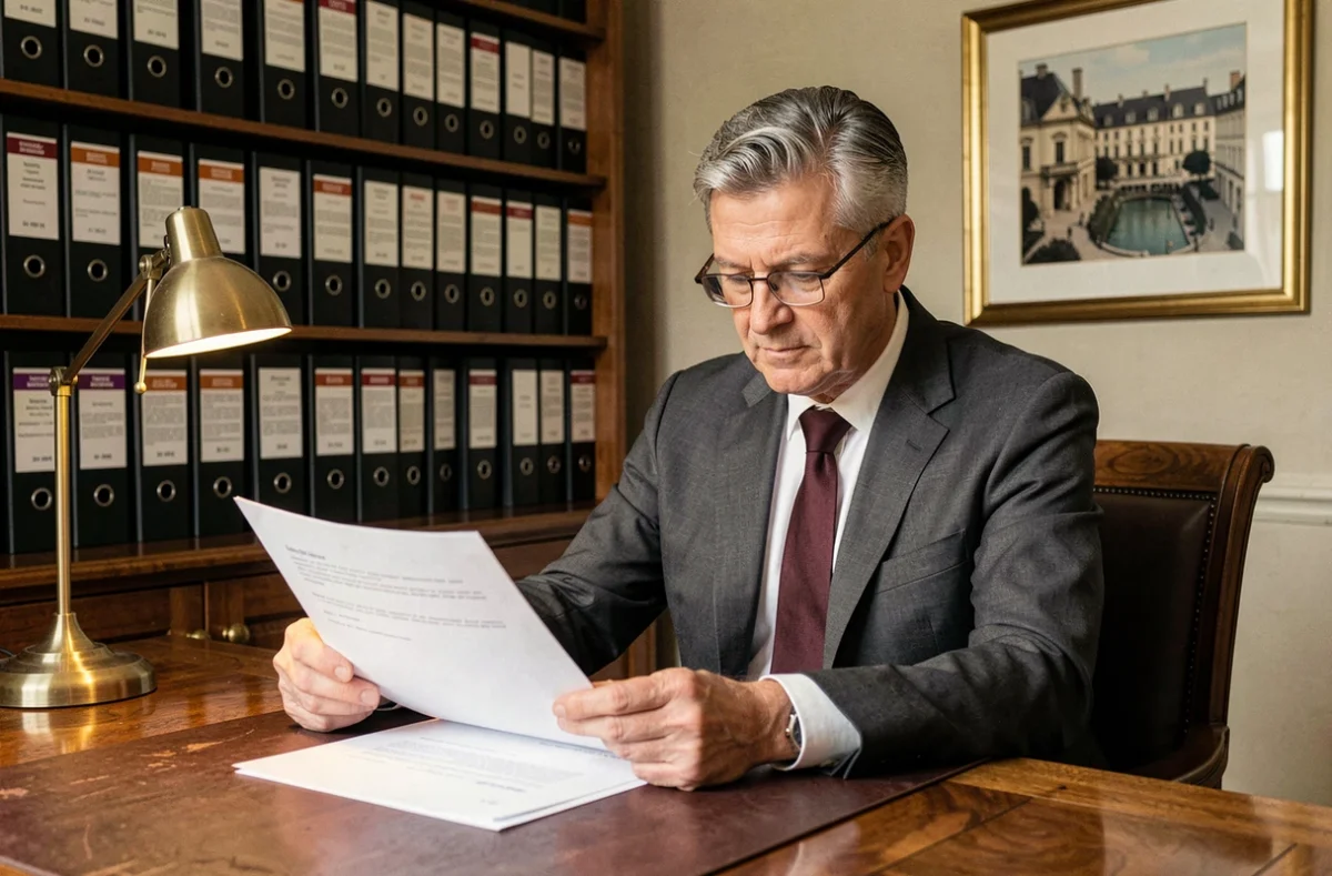 Maître Marc Potier, avocat d'affaires au barreau de Meaux, assis à son bureau avec un contrat