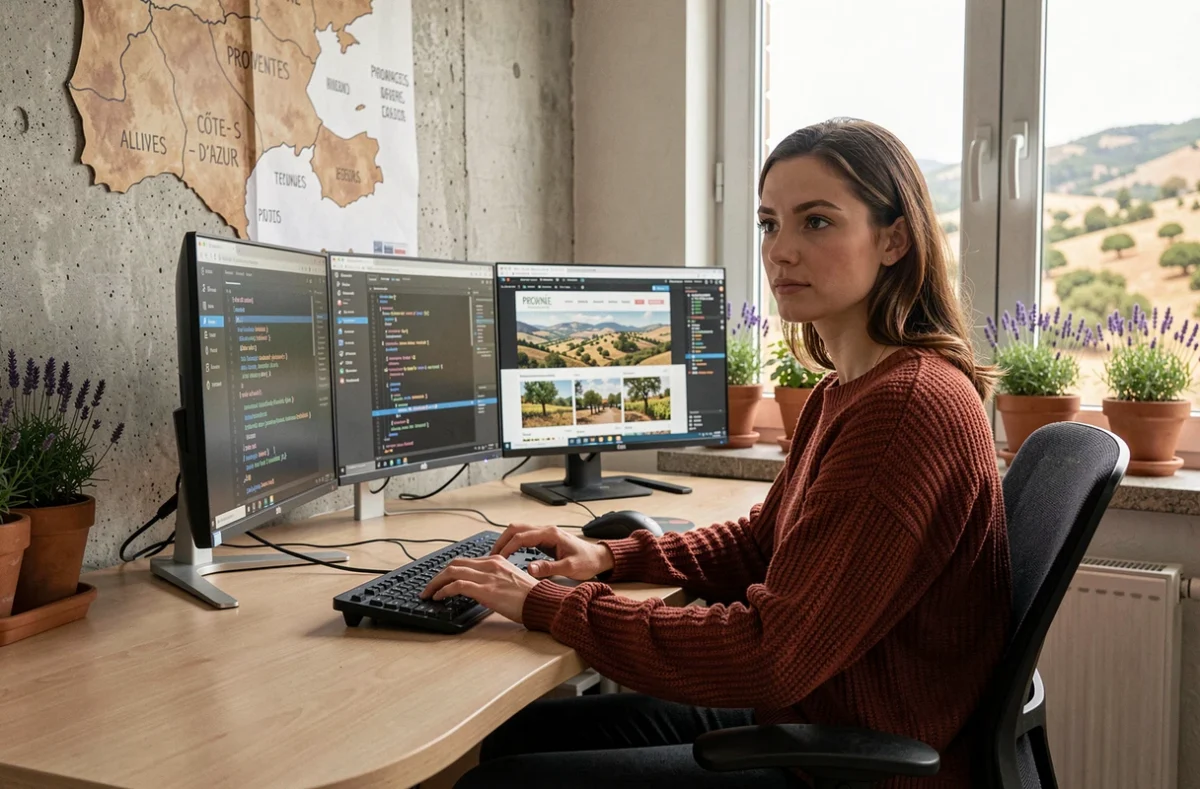 Développeuse web féminine travaillant sur un design de site inspiré de la Provence dans un studio créatif avec carte régionale murale et lavande sur le rebord de fenêtre