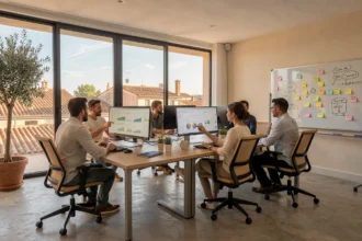 Vue grand angle d'une agence digitale moderne en Provence-Alpes-Côte d'Azur avec des professionnels collaborant autour d'écrans affichant des sites web et des tableaux de bord analytiques