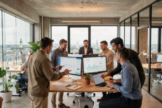 Équipe d'une agence Google Ads en Loire-Atlantique travaillant sur des campagnes publicitaires numériques dans un bureau moderne à Nantes