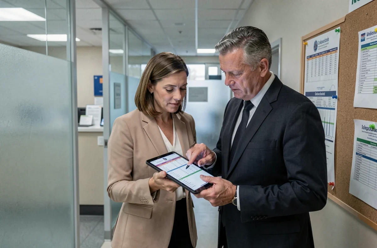 Deux professionnels de santé consultant une tablette dans un bureau administratif hospitalier pour discuter de la valeur point et de l'évolution de salaire