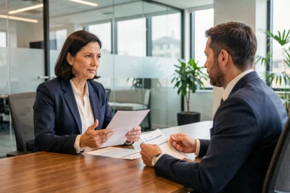 Professionnelle en blazer marine négociant une évolution de salaire avec son responsable dans une salle de réunion moderne, documents à l'appui