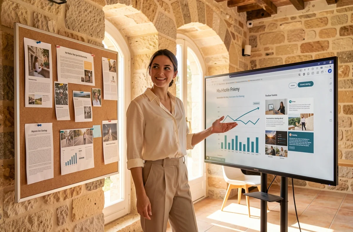 Stratège en marketing digital féminine dans une agence web lumineuse à Aix-en-Provence devant un tableau de campagne et des graphiques d'analyse