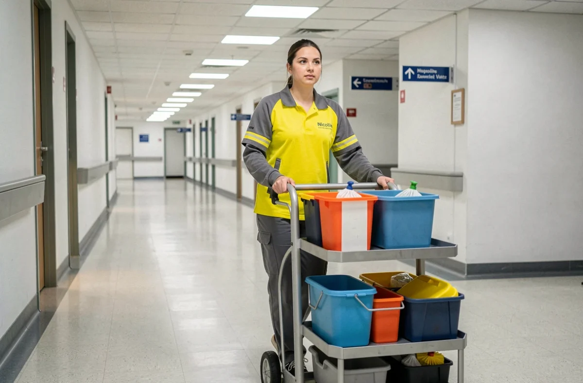 Agente Nicollin en uniforme jaune poussant un chariot de nettoyage dans un couloir d'hôpital à Metz