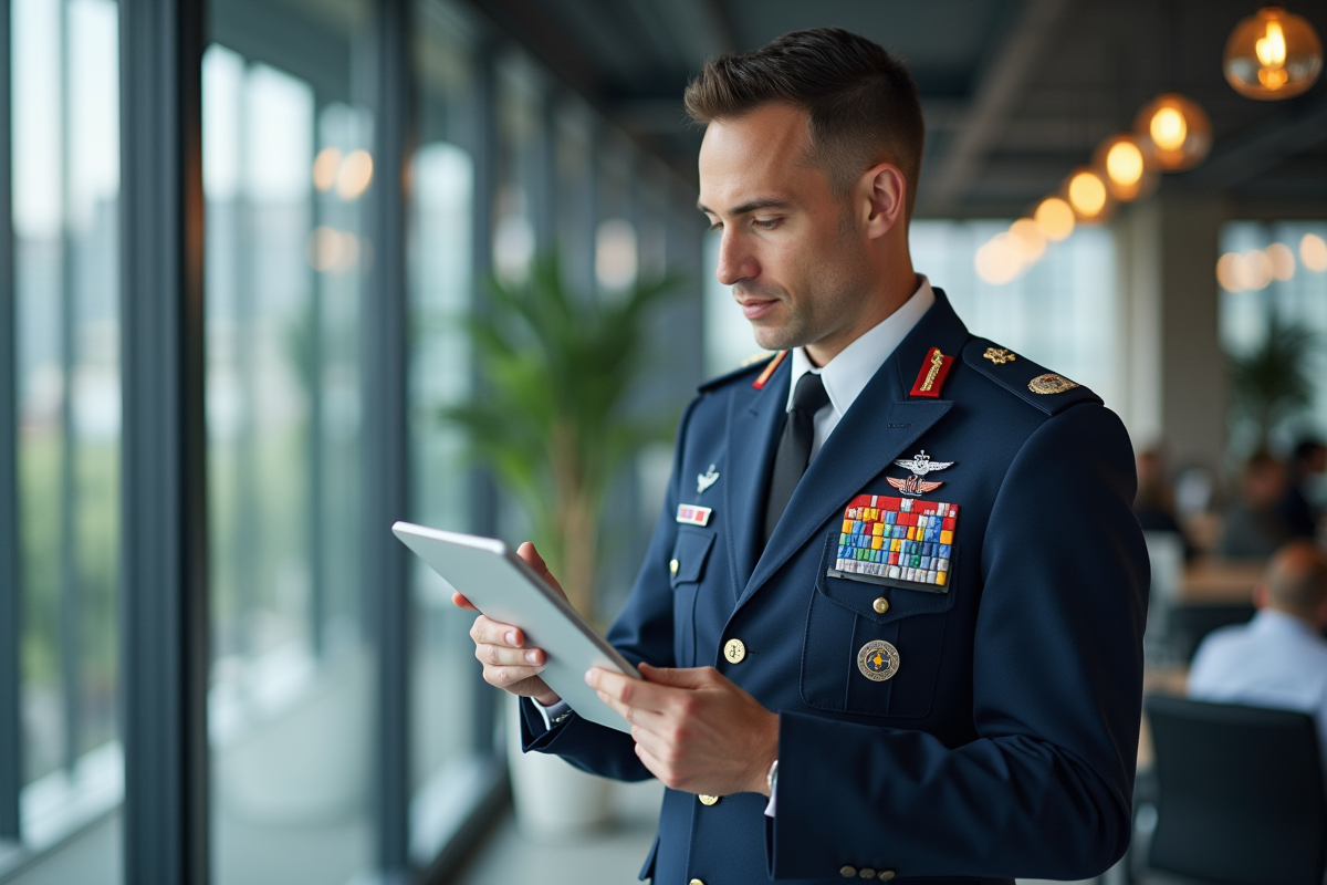 Officier de la Royal Air Force analysant des graphiques sur une tablette