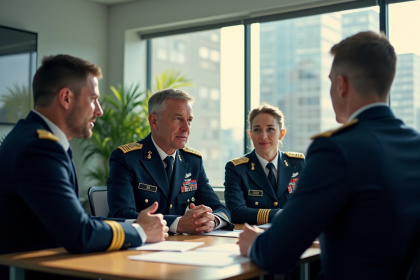 Officiers de la Royal Air Force en discussion dans un bureau moderne