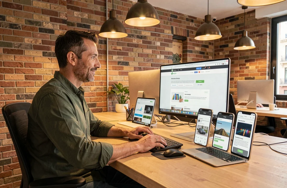 Développeur web masculin dans une agence web à Marseille travaillant sur une mise en page responsive affichée sur plusieurs maquettes de supports numériques