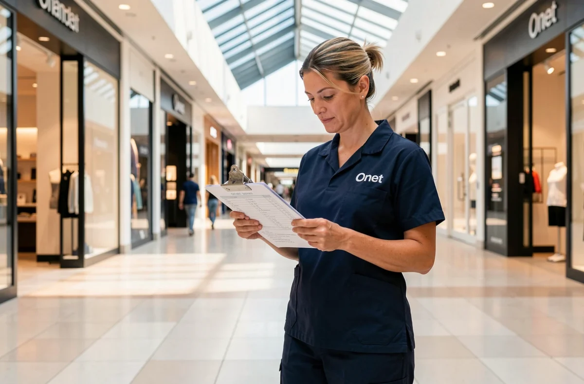 Superviseure Onet Grand Est en uniforme bleu marine contrôlant une checklist dans un centre commercial nettoyé