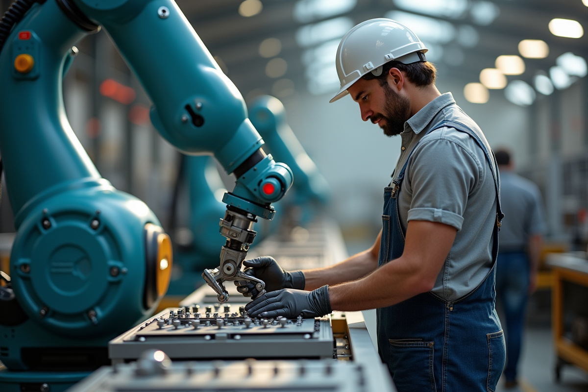 Ouvrier en usine avec bras robotique sur une ligne de production hightech