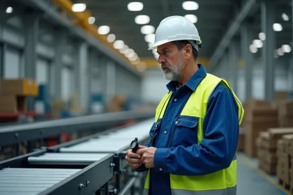 Ouvrier d'usine en bleu vérifiant un chronomètre lors de sa pause