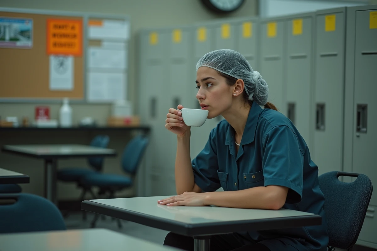 Jeune femme en pause café dans une salle de repos industrielle