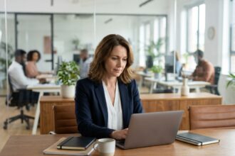 Femme professionnelle en blazer marine travaillant dans un bureau moderne en open space, photo lifestyle en entreprise