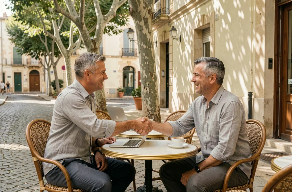 Deux professionnels en réunion d'affaires en terrasse à Aix-en-Provence pour une mission de portage salarial