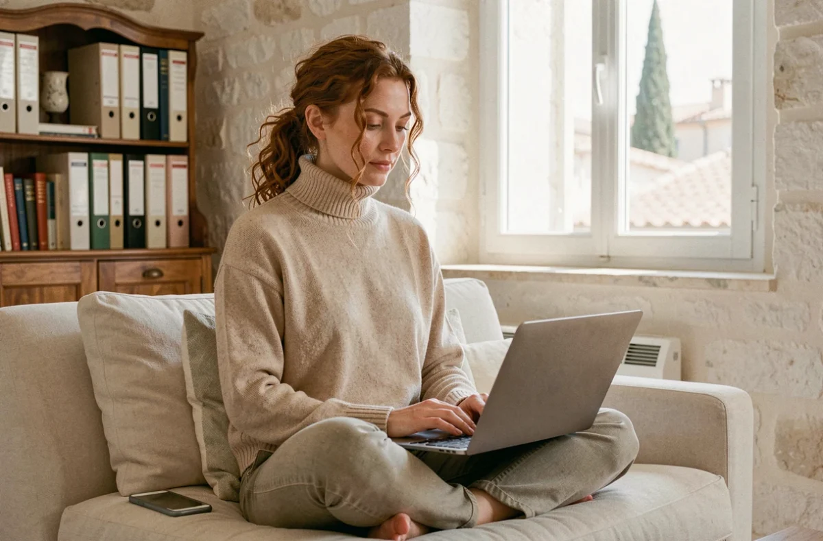 Freelance en télétravail gérant son activité en portage salarial depuis son appartement à Aix-en-Provence