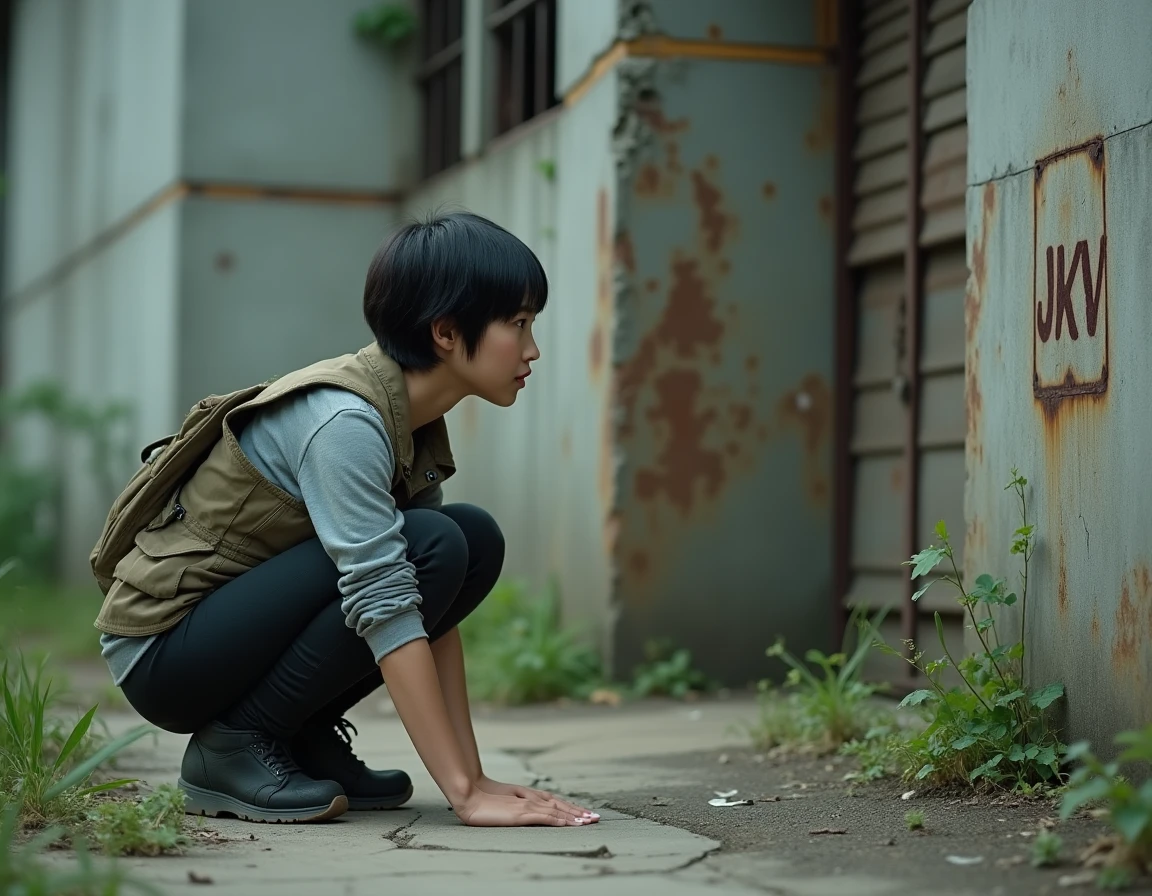 Femme inspectant une porte d'accès industrielle avec le code JKV dans un environnement post-apocalyptique style Arc Raiders