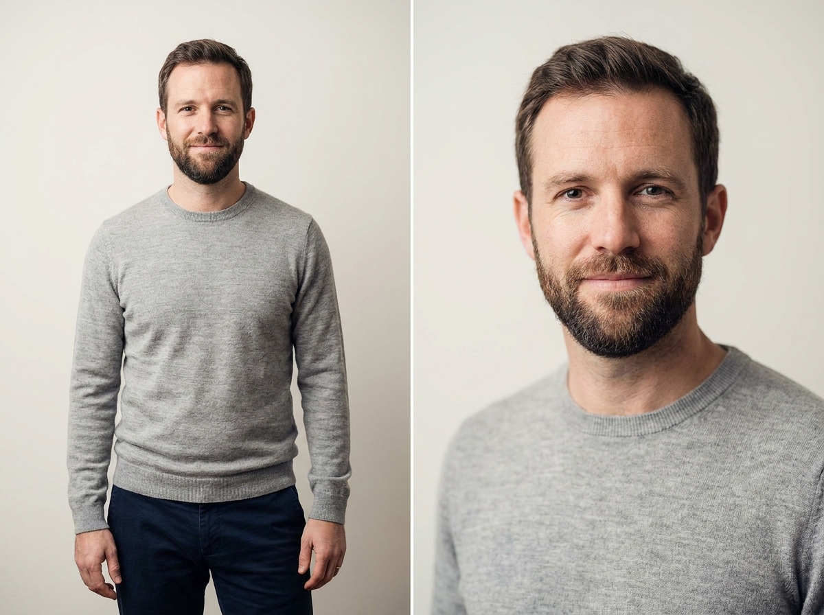 Portrait professionnel homme fond neutre blanc en studio, photo corporate pour entreprise