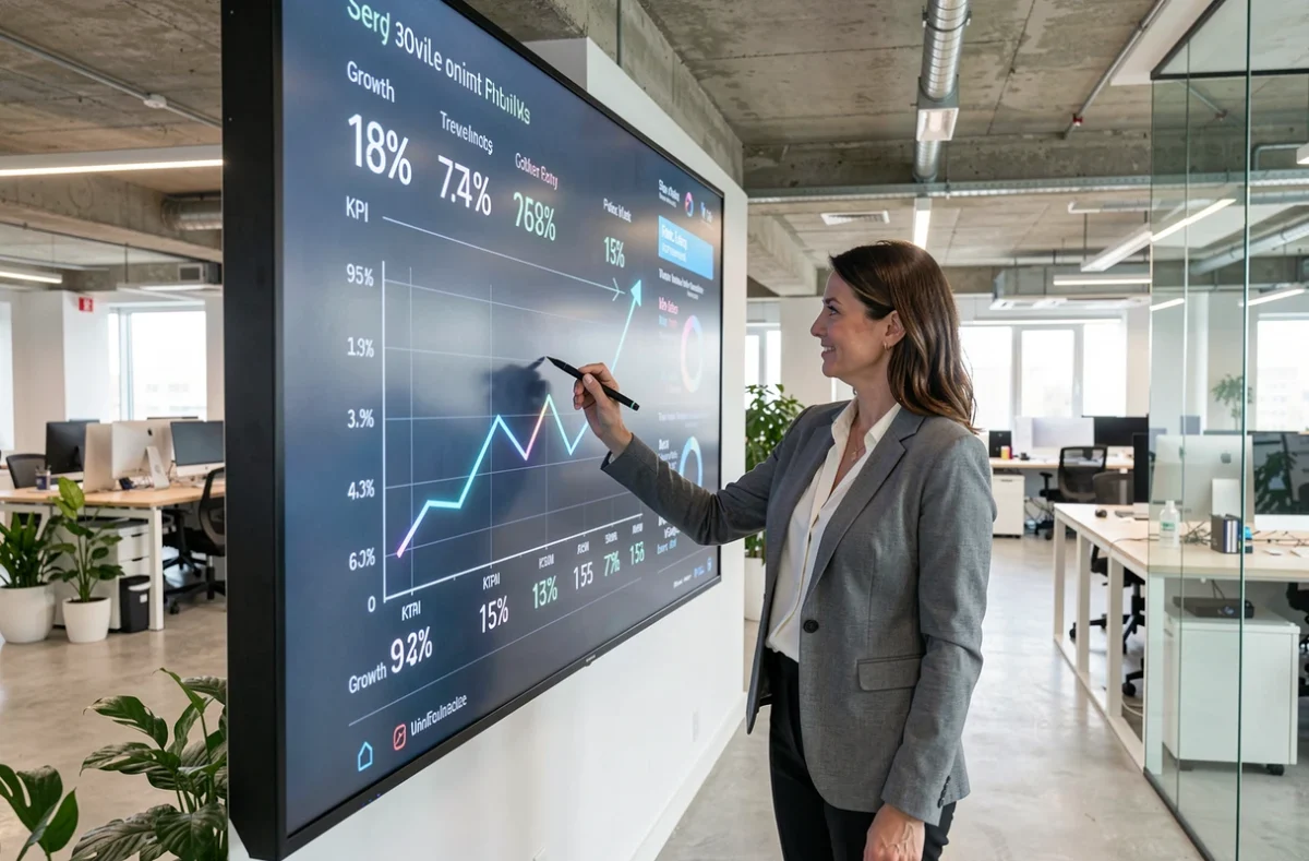 Analyste présentant les chiffres clés et indicateurs financiers de Neos Wave sur un écran mural interactif